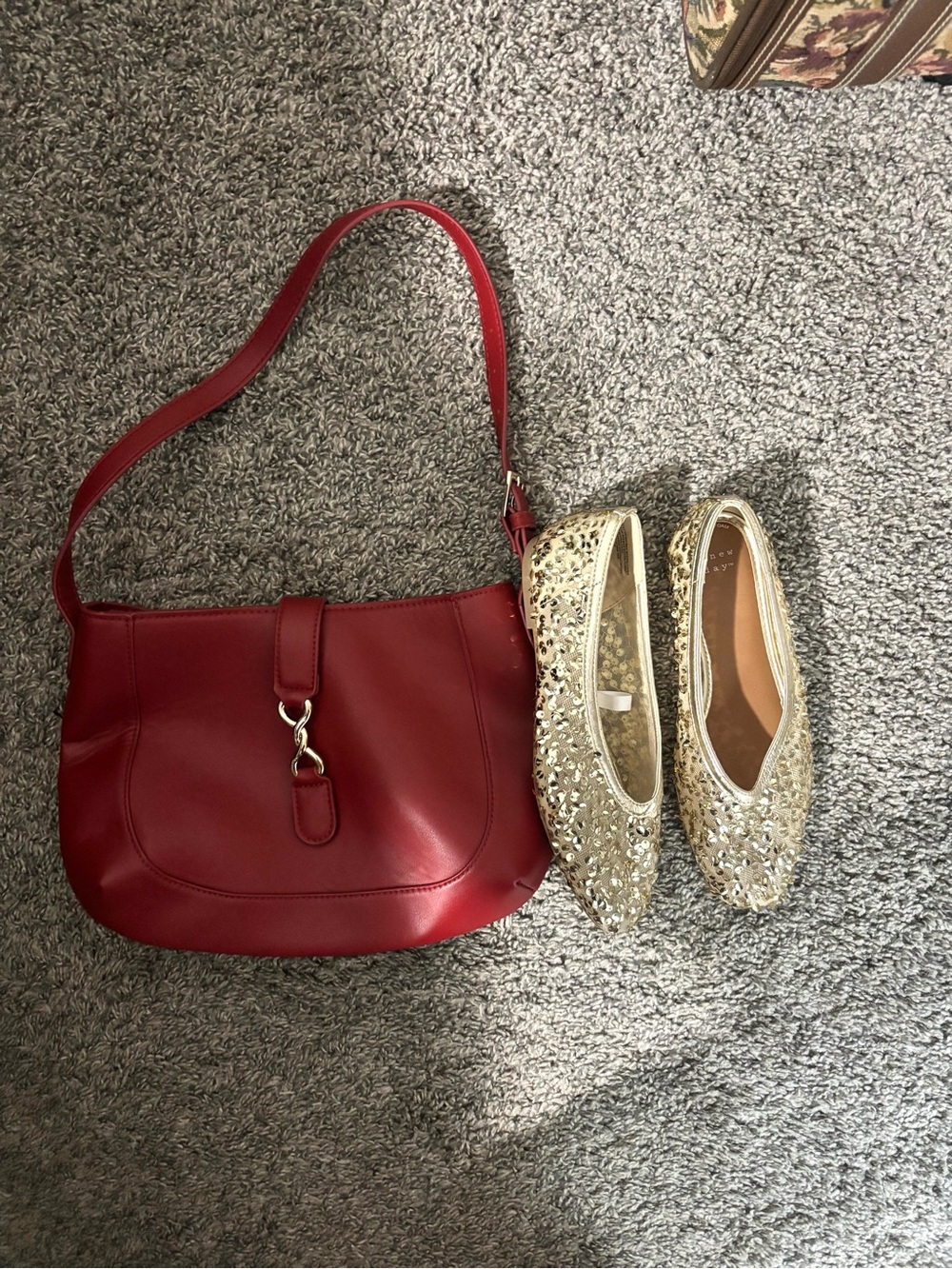 Red Leather Shoulder Bag with Gold Accent & Flats